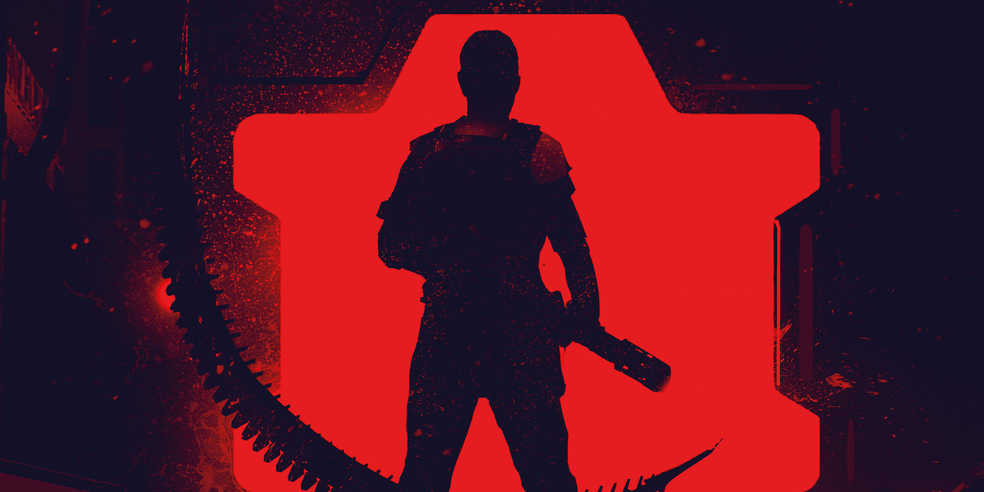 A silhouette of a space marine from the Alien RPG; there is a red tint and a hint of a xenomorph tail can be seen.