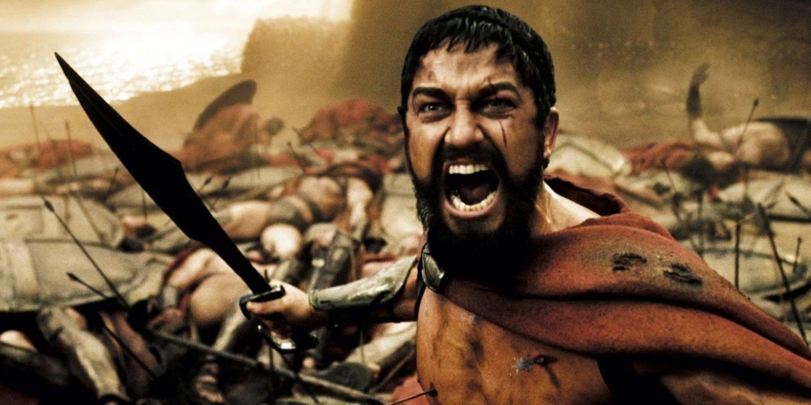  Gerard Butler's Leonidas I during a battle in Zack Snyder's 300. 