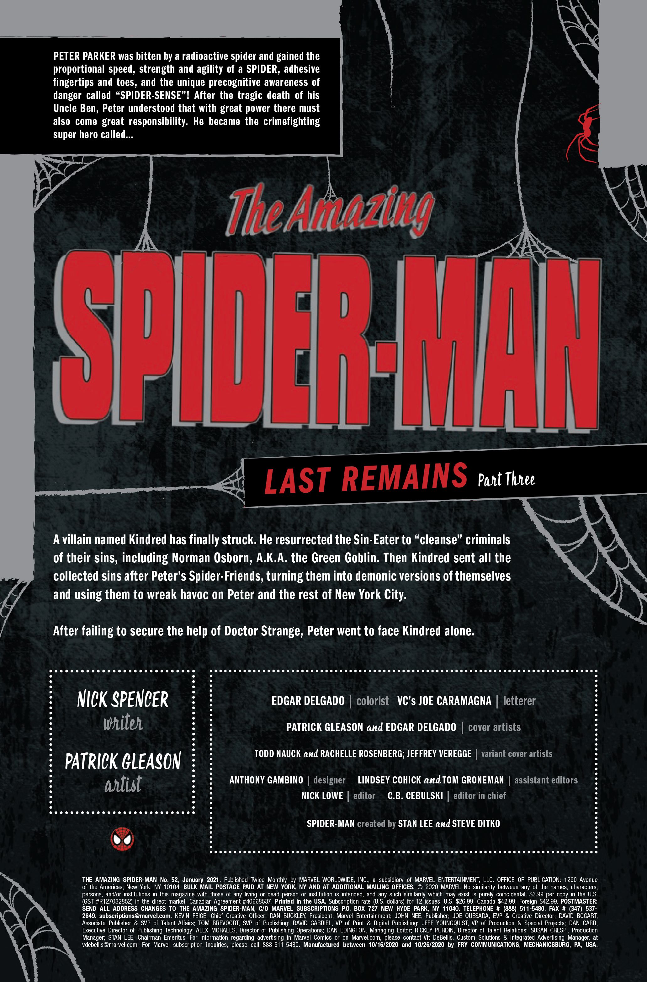 The Amazing Spider-Man #52, by Nick Spencer, Patrick Gleason, Edgar Delgado and VC's Joe Caramagna, page 1