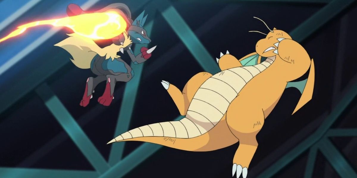 Ash's Dragonite versus Korrina's Mega Lucario in Pokémon Journeys