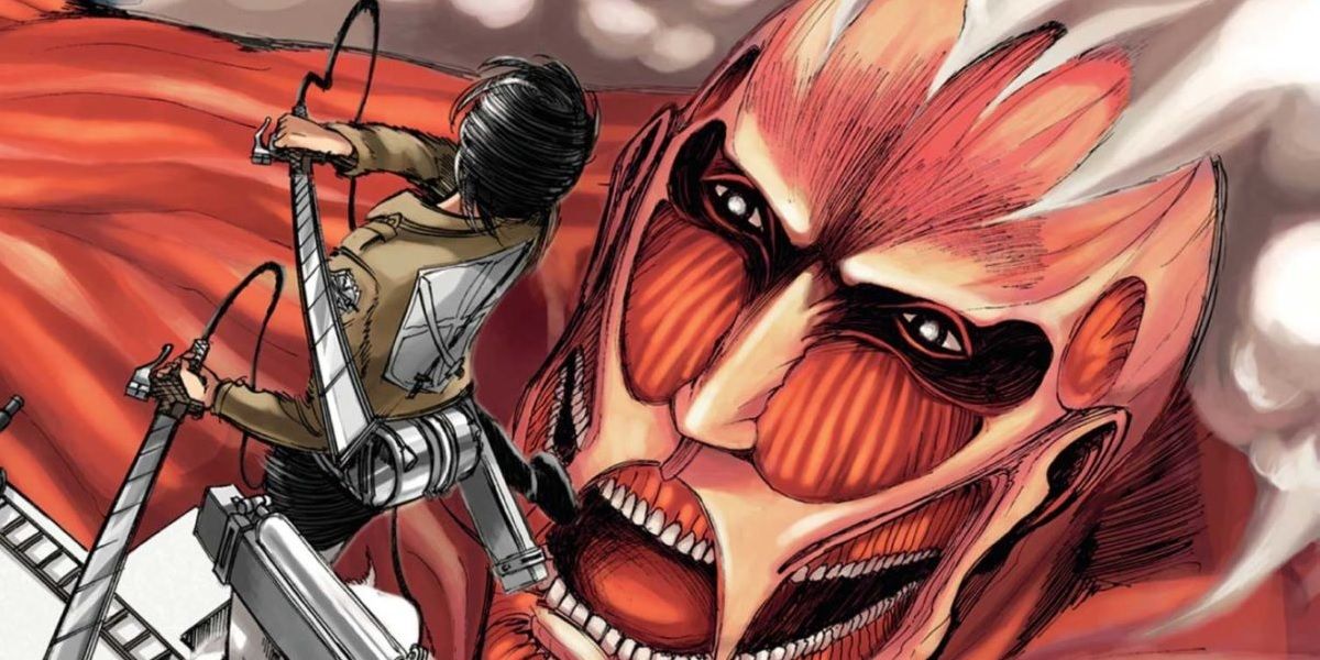 The cover of Attack on Titan's first manga volume, showing the Eren facing off against the Colossal titan. 