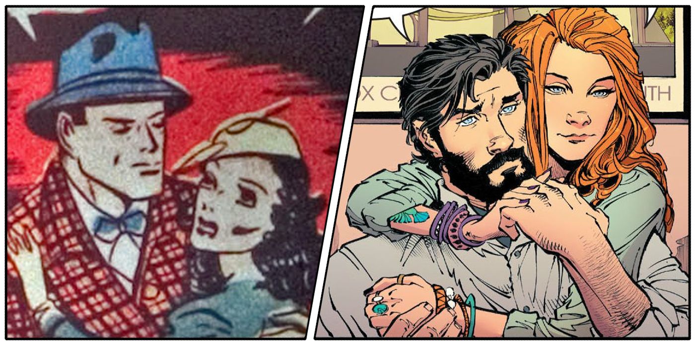 A split image of Bruce Wayne and Julie Madison in early Batman comics and during the New 52