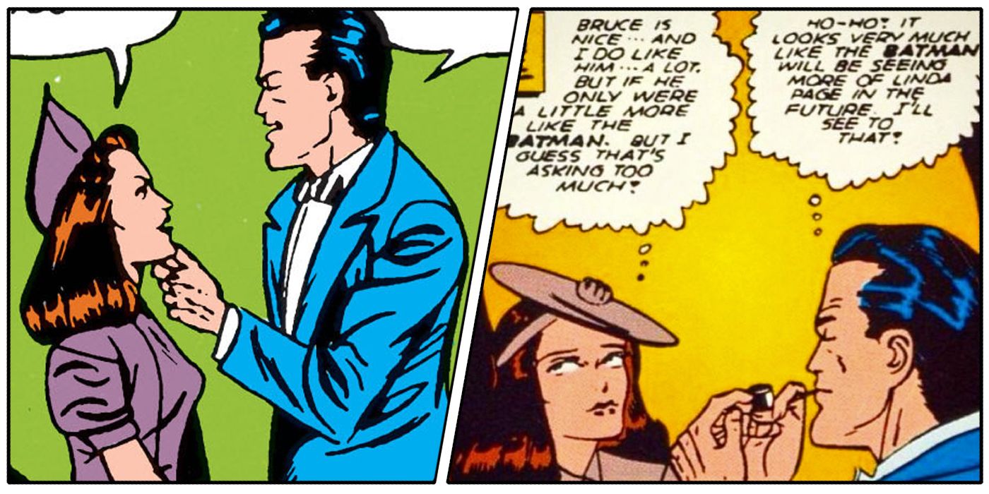 A split image of Bruce Wayne and Linda Page havinig a conversation and thinking about each other