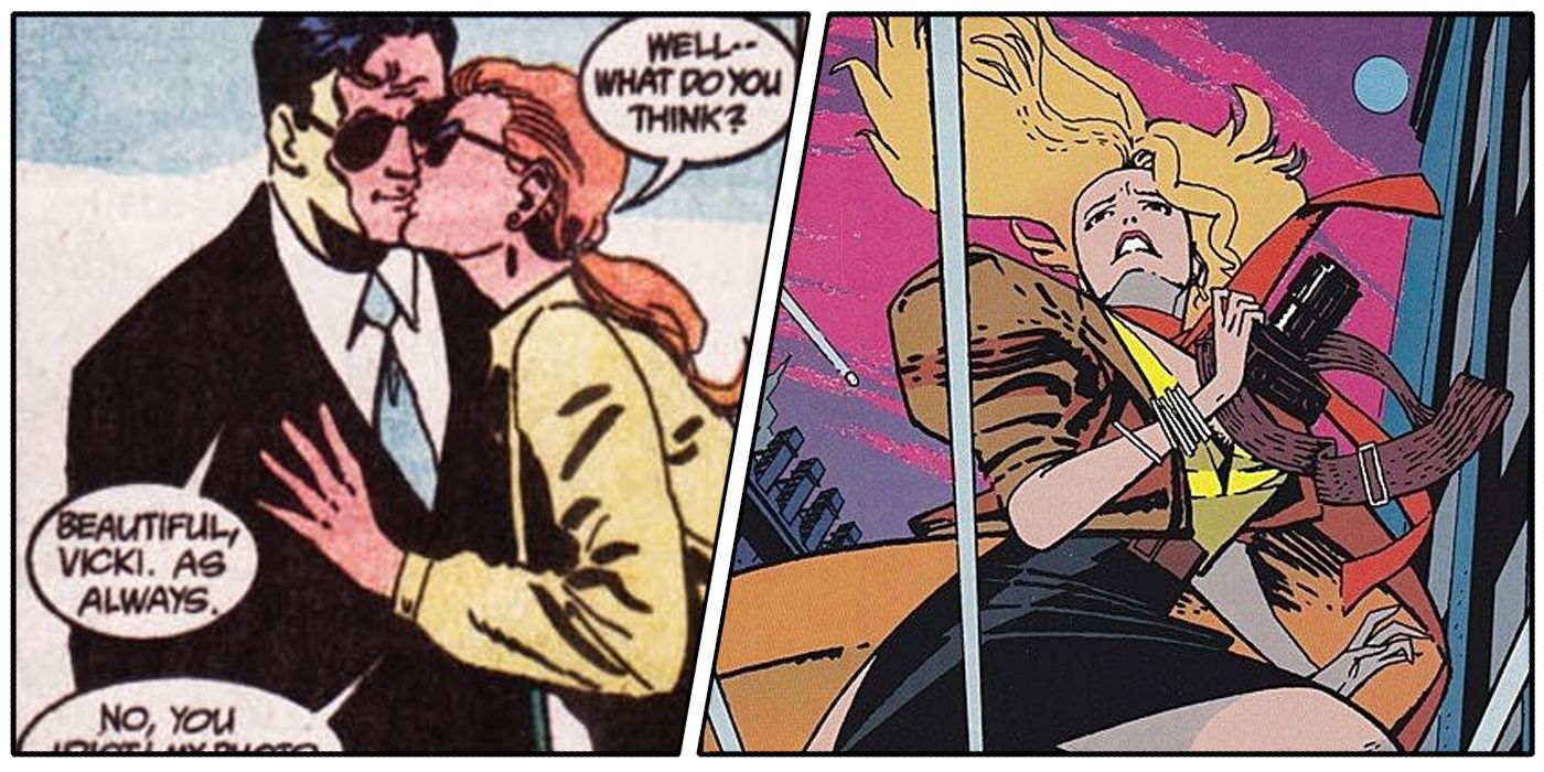 A split image of Vicki Vale kissing Bruce Wayne and using her camera equipment