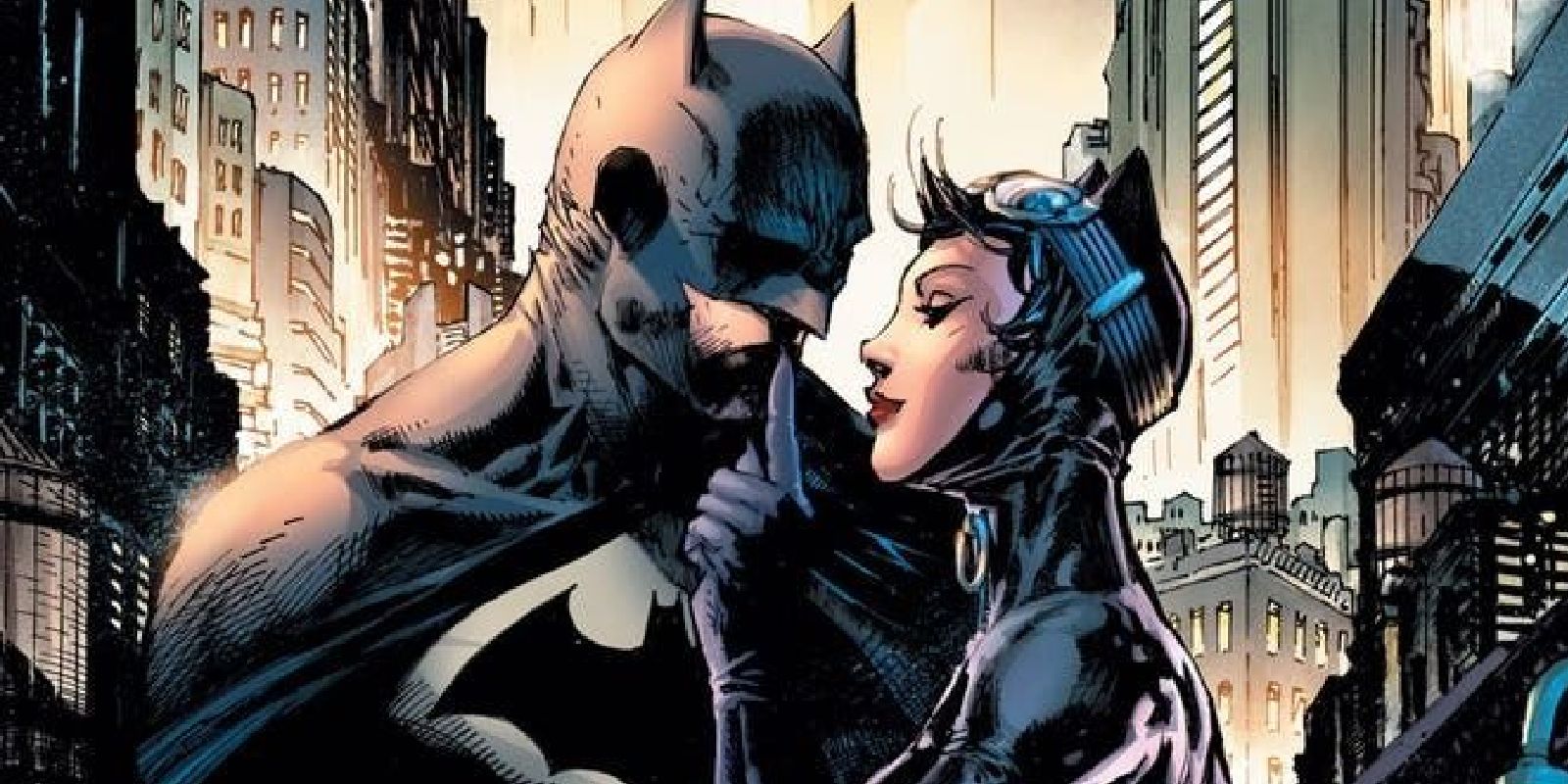Catwoman puts a finger over Batman's lips in DC Comics