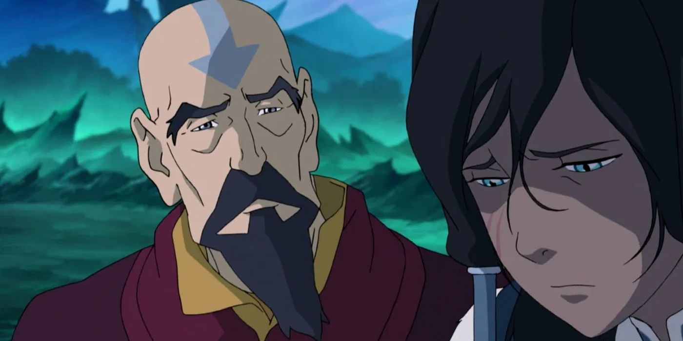 Tenzin habla con una Korra abrumada en The Legend of Korra.