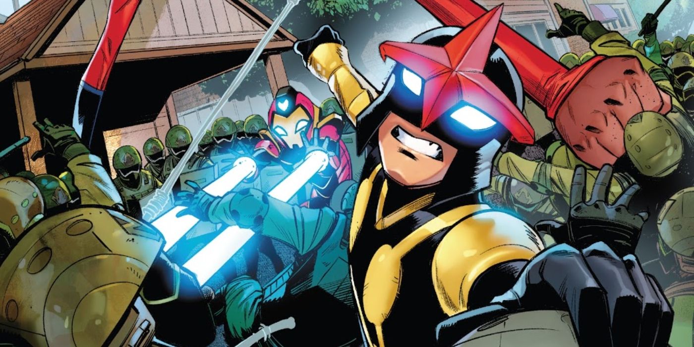 The Champions, including Nova and Ms. Marvel, battle CRADLE's drones in the comics