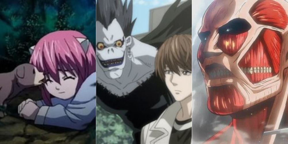 Lucy from Elfen Lied, Light and Ryuk from Death Note, and the Colossal Titan from Attack on Titan