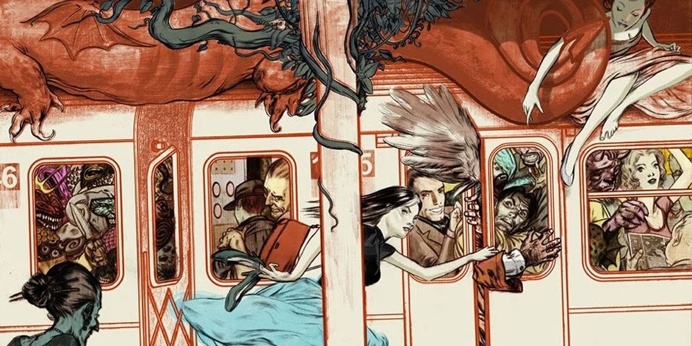 Cover to Fables featuring characters hanging out of subway car doors and windows