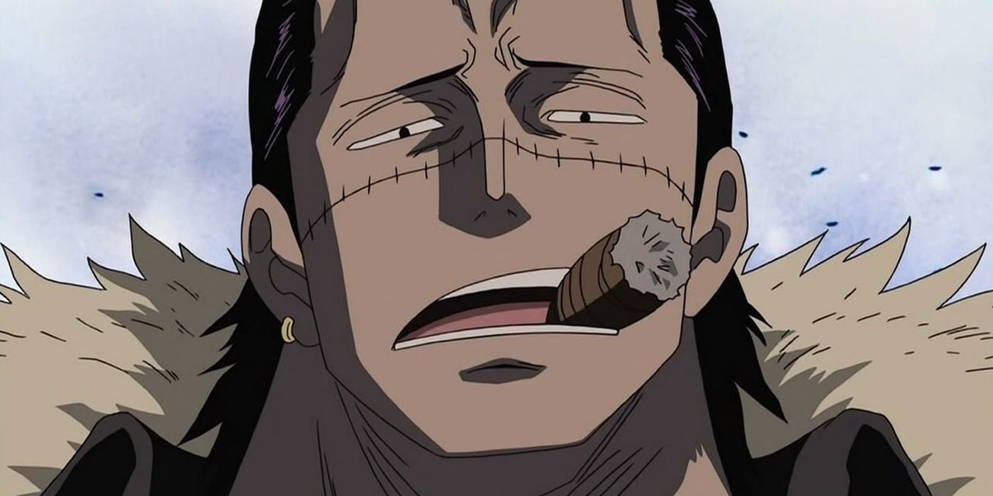 Sir Crocodile with a scar on his face and smoking a cigar in One Piece.