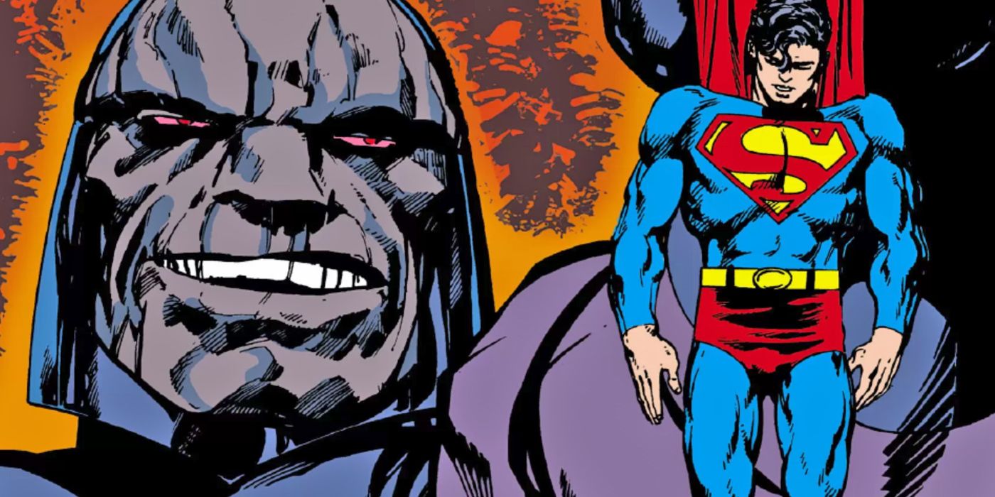 Darkseid dangles Superman from his cape in DC Comics
