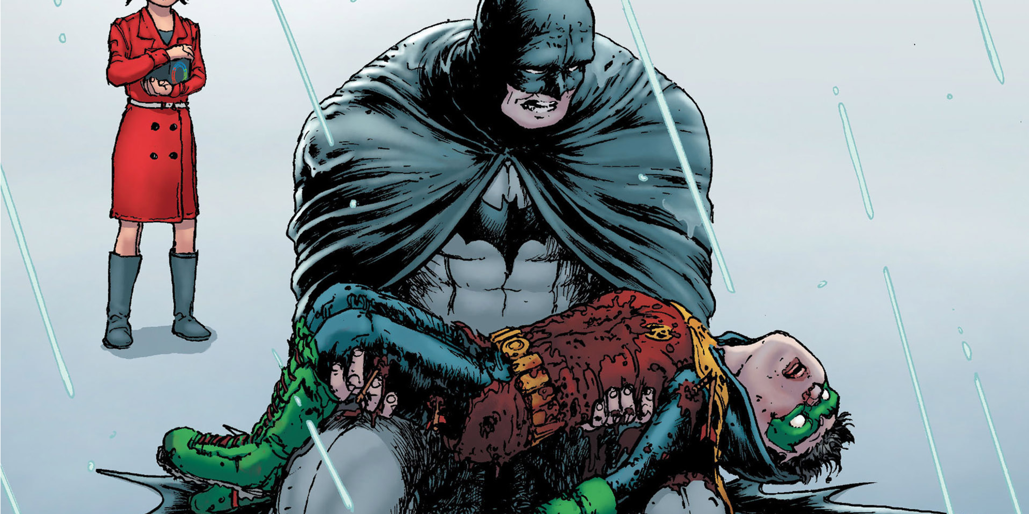 damian wayne in his father's arms, apparently dead