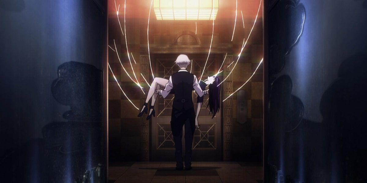 Decim holds Chiyuki with wires in Death Parade