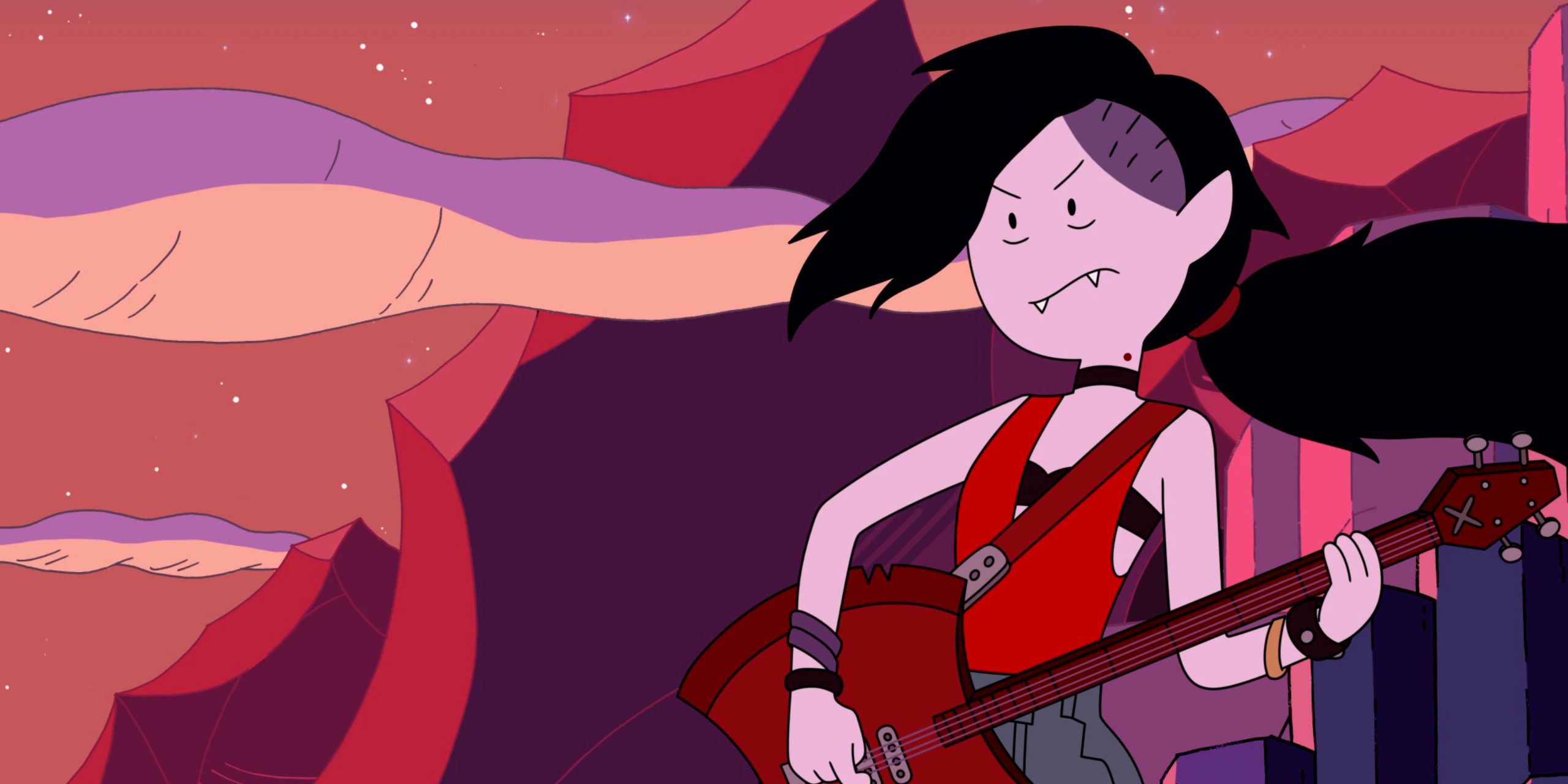A younger Marceline in a flashback, wearing a red crop top and with a sideshave haircut.