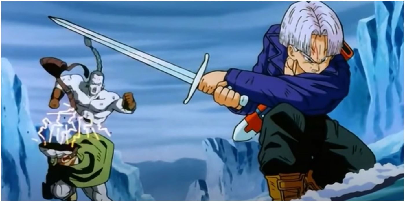 Future Trunks slices through Android 14 in Dragon Ball.