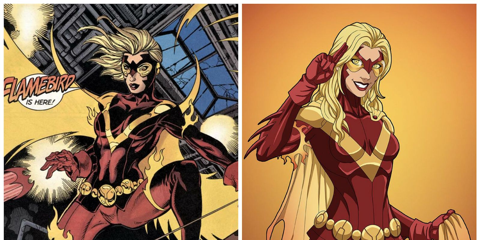 Imagem dividida de Flamebird posando em quadrinhos