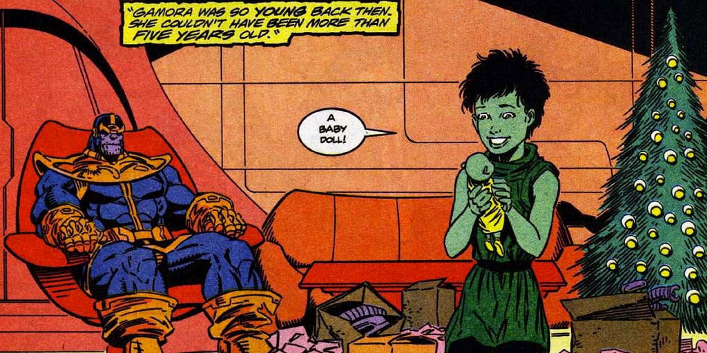 Young Gamora Unwrapping A Doll With Thanos At Christmas