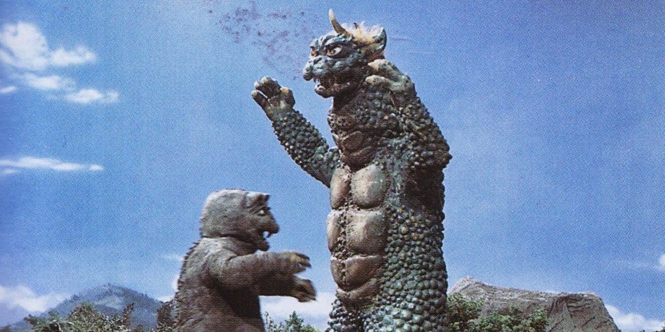 Godzilla's son, Minilla, tries to fight Gabara in the 1969 film, All Monsters Attack