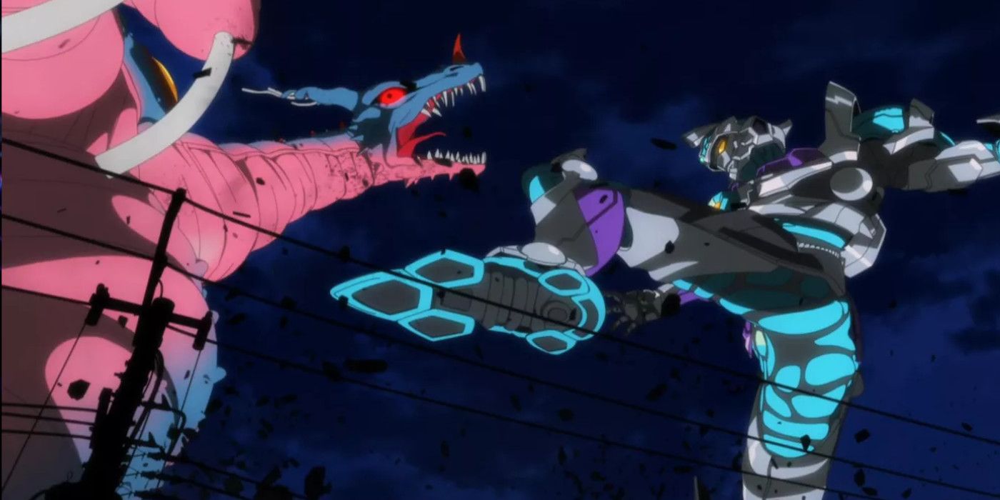 Anime SSSS.Gridman fighting a kaiju
