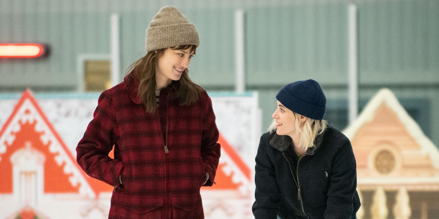 Mackenzie Davis and Kristen Stewart go ice skating in Happiest Season