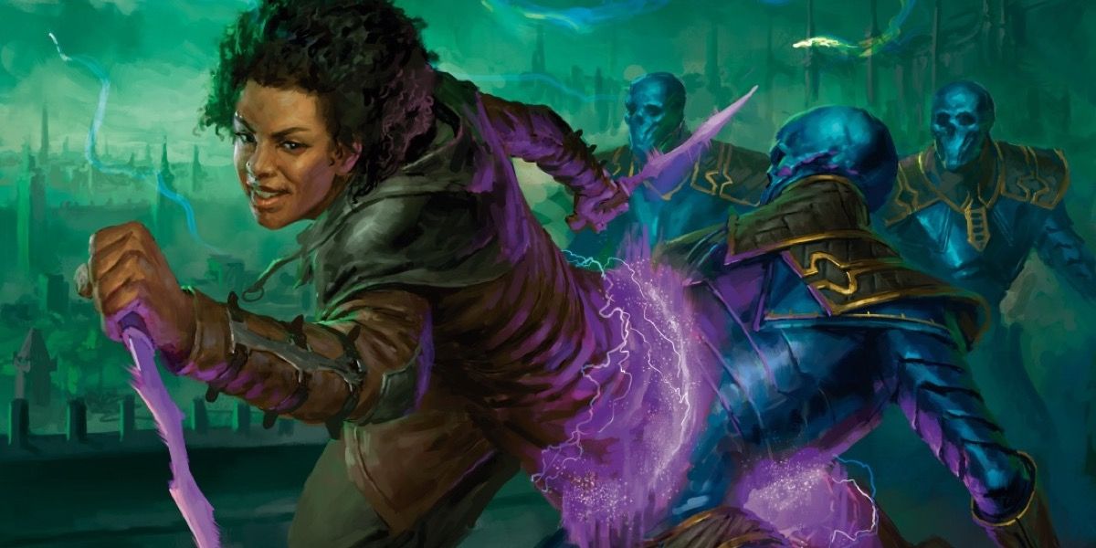 Art of Kaya phasing through a zombie while holding purple blades formed of energy