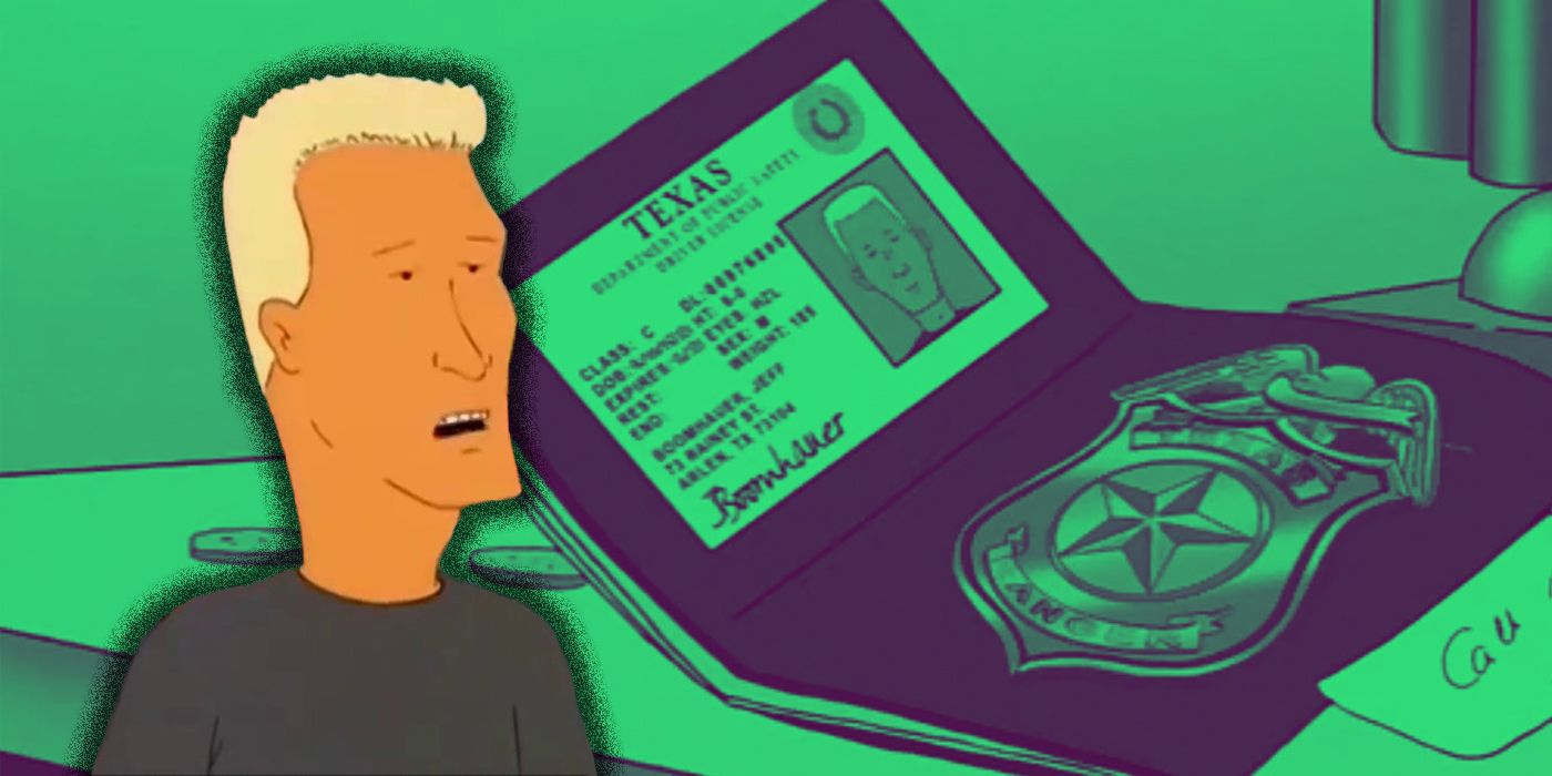 King of the Hill's Boomhauer in front of an image of his Texas Ranger badge on a green background