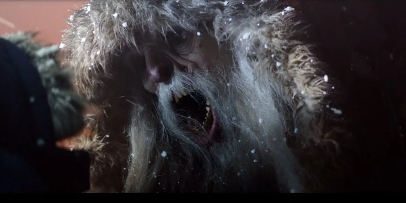 The Krampus growls in the face of a character in the film about the folk inspiration for Santa Claus