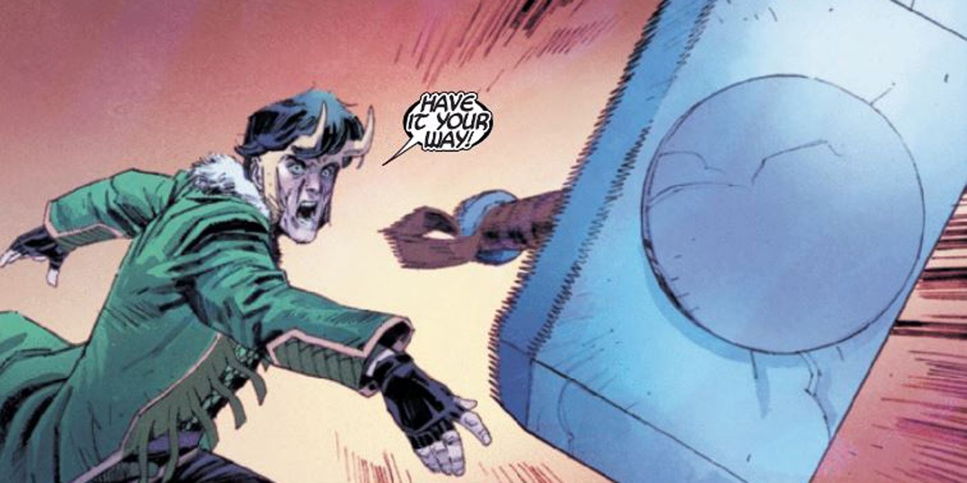 Loki throws Mjolnir
