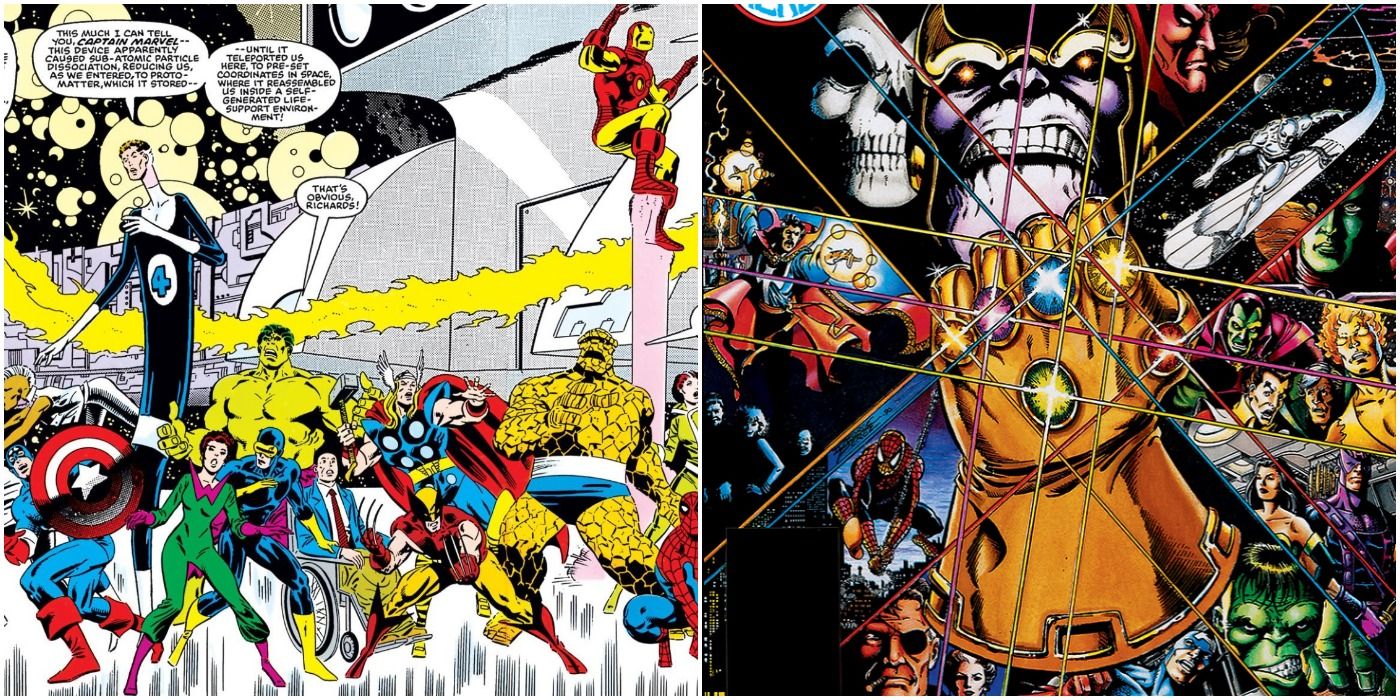 A split image of the Secret Wars And Infinity Gauntlet events in Marvel Comics