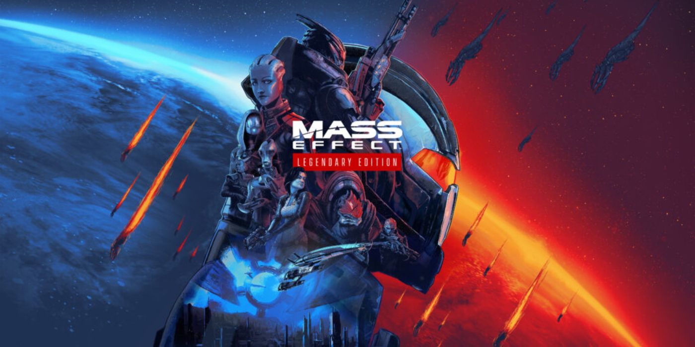 Mass Effect: Legendary Edition promo art featuring a space-themed collage of the main cast.