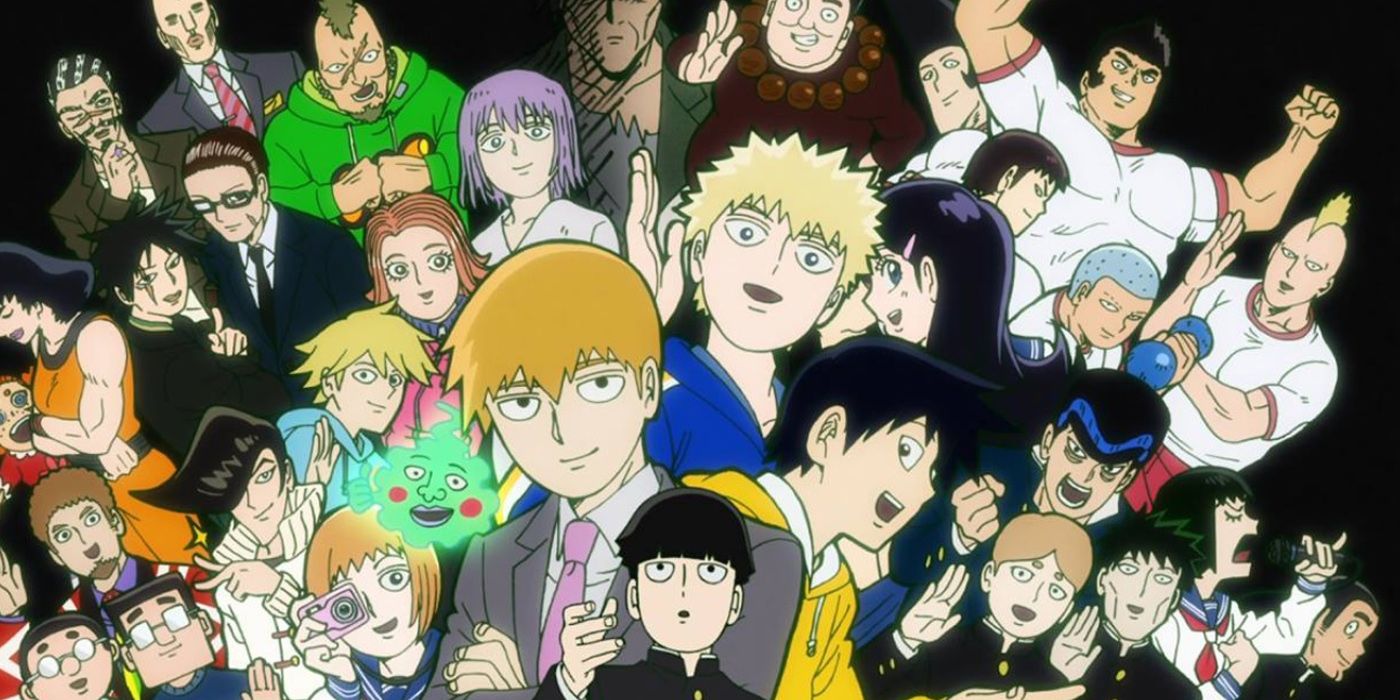A group shot of most of the main cast from Mob Psycho 100.