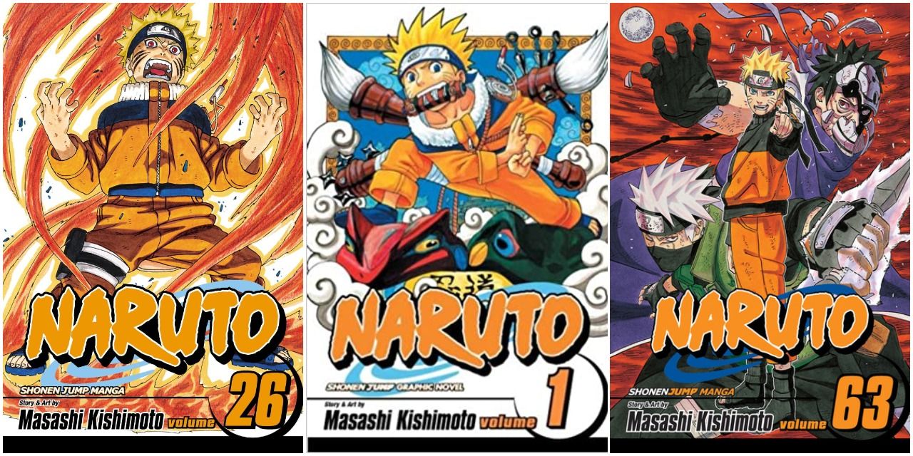 three volumes of the Naruto manga side by side