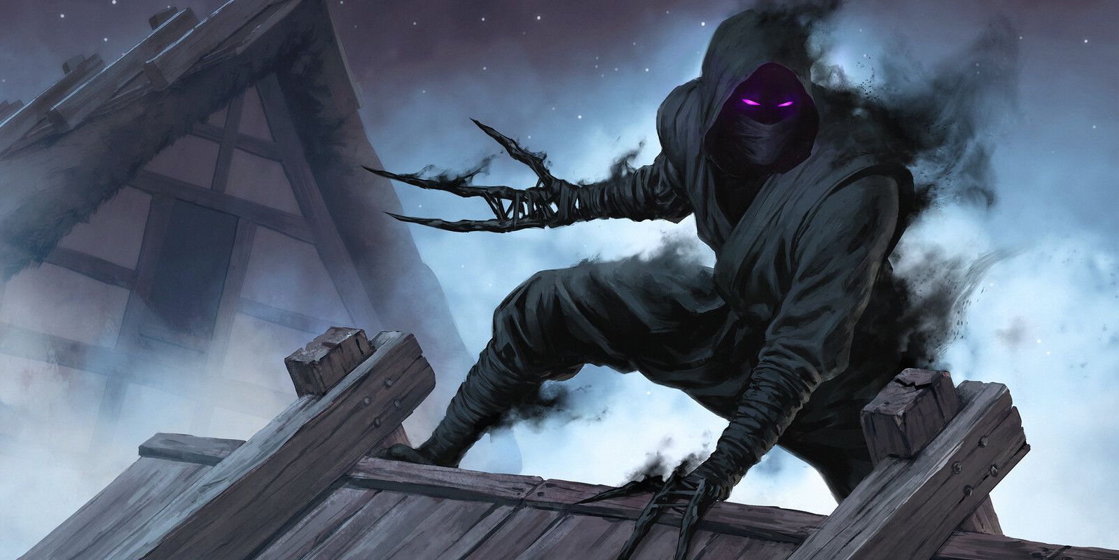 Art of a ninja with glowing purple eyes and long black claws