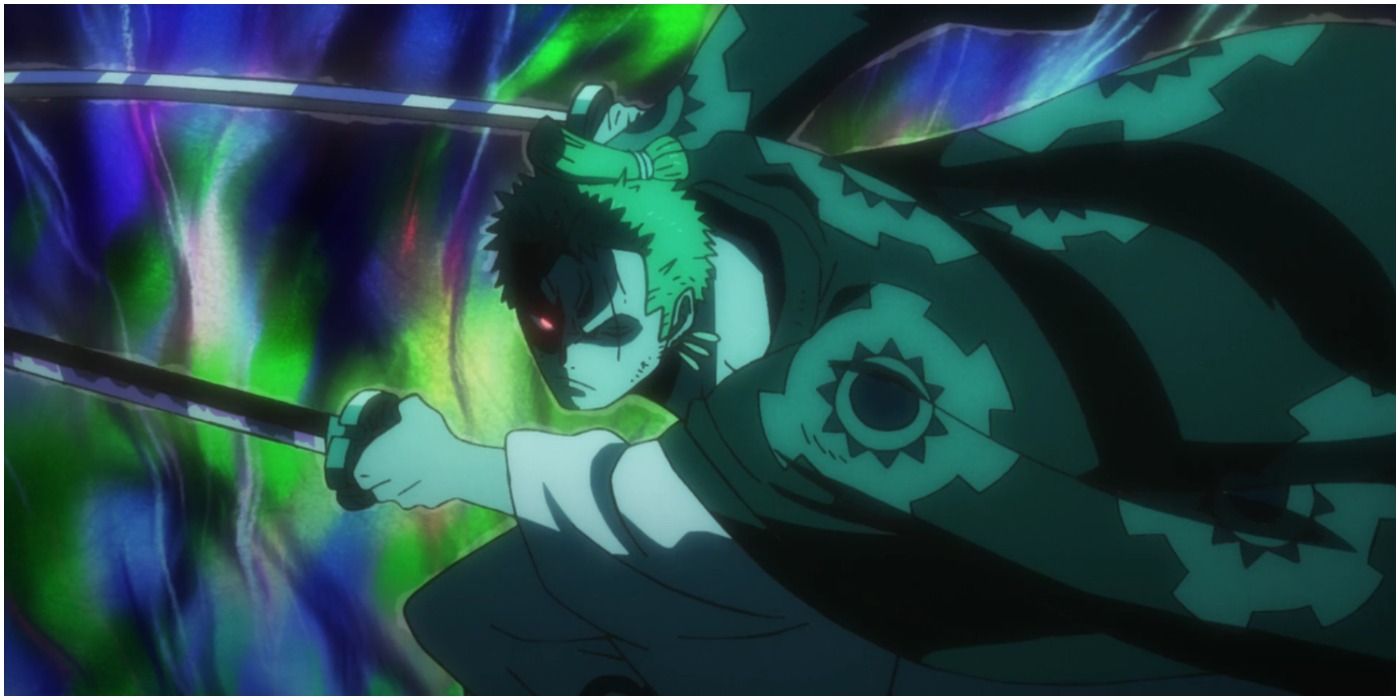 Zoro attacks with Enma as one of his eyes glows red