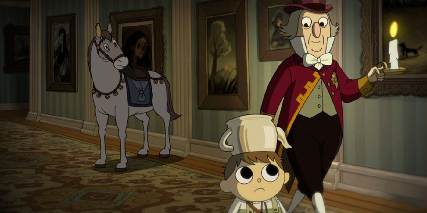 Greg walking with Endicott and Fred the Horse in Over The Garden Wall