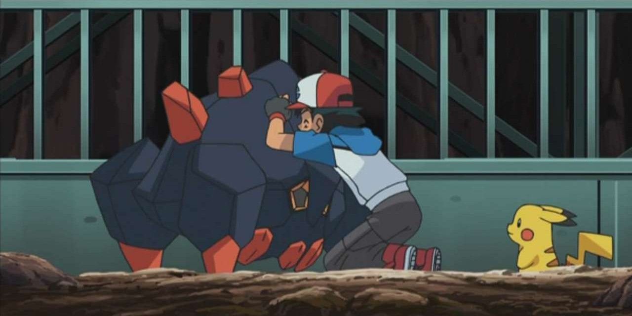 Ash Hugs Boldore In the Pokemon Anime