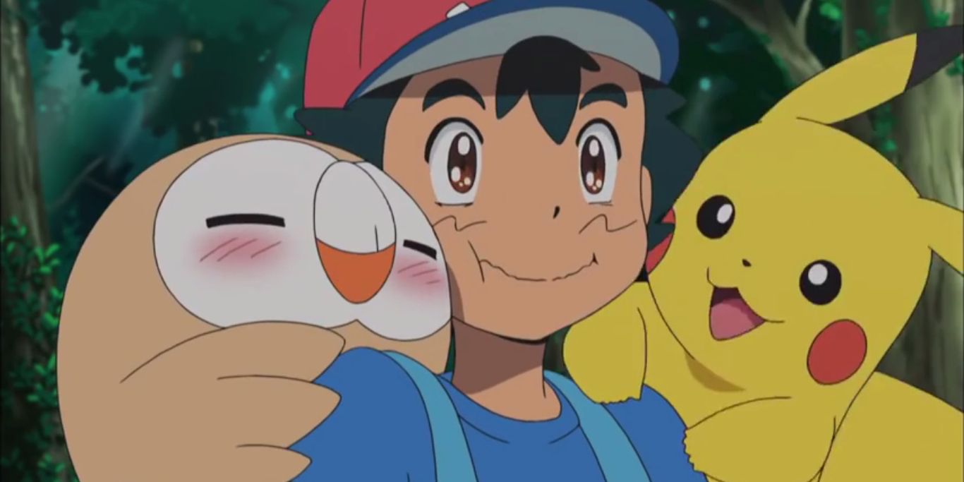 Anime Pokemon Ash With His Rowlet And Pikachu