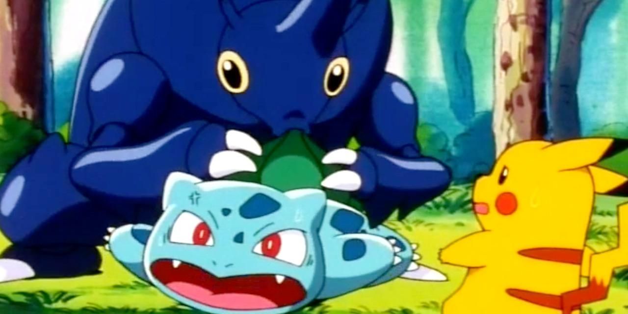 Anime Pokemon Ash's Heracross Chews Bulbasaur