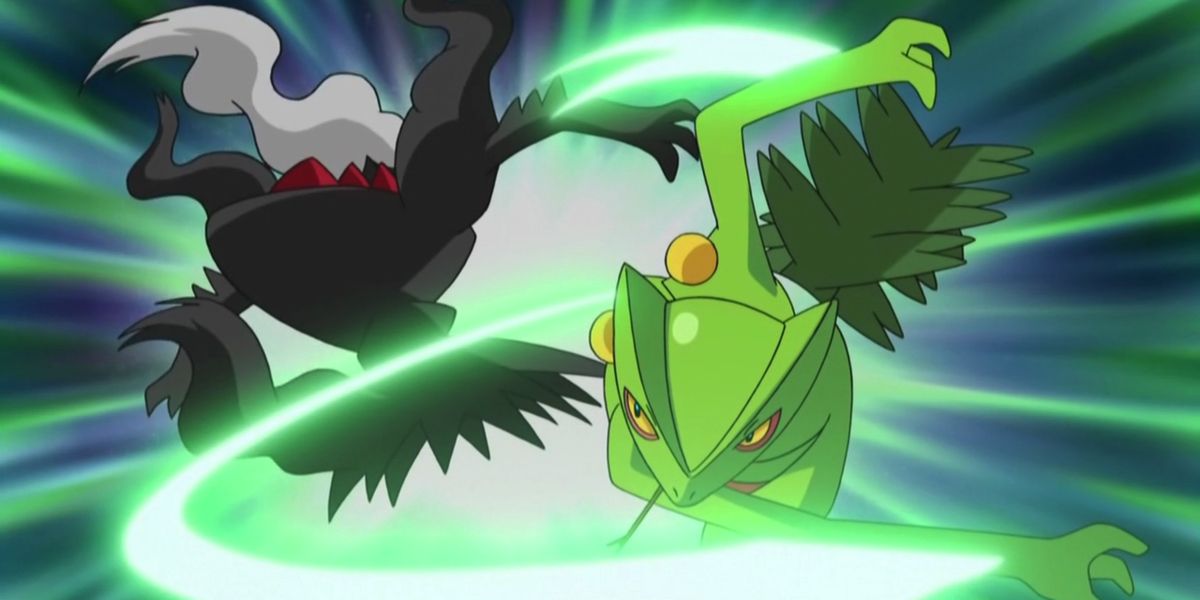 Ash's Sceptile slashes Darkrai in Pokémon.