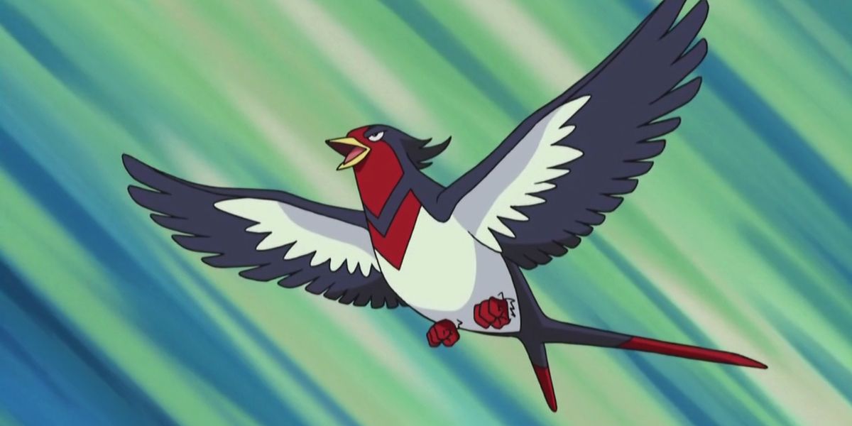 Ash's Swellow flying into battle in the Pokemon anime