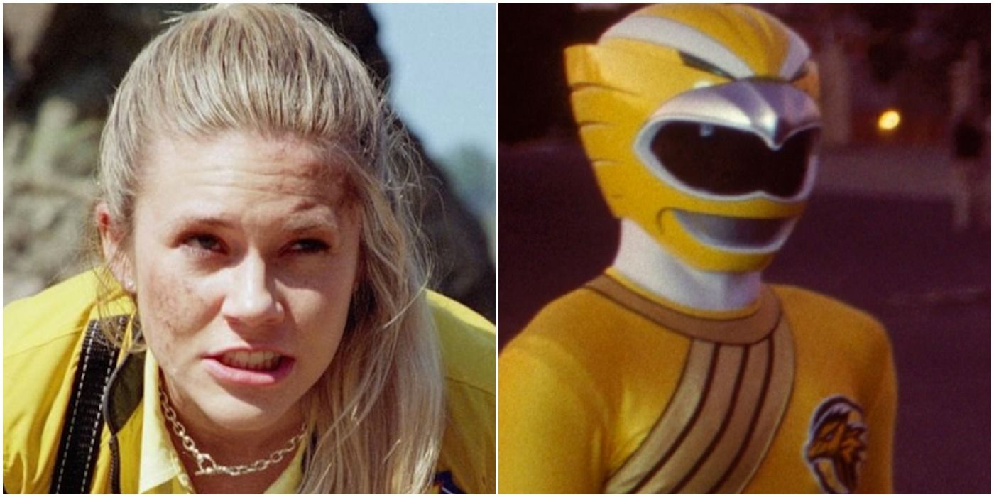 A split iamge of Taylor the Yellow Ranger in Power Rangers Wild Force in and out of her suit