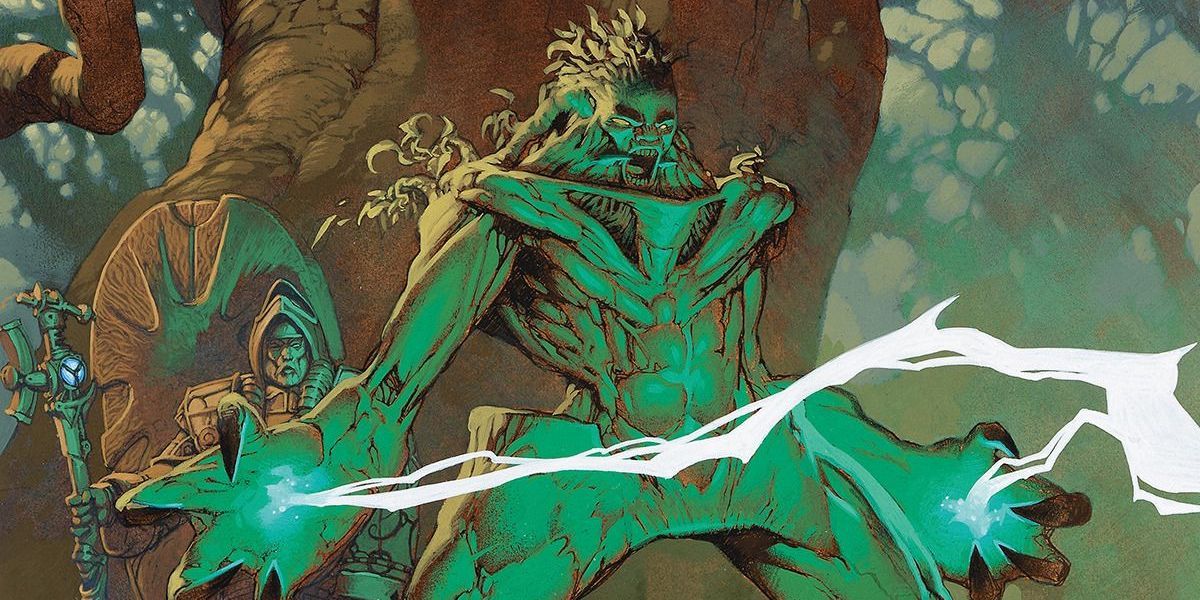 Art of a bestial warrior holding green lightning between oversized claws