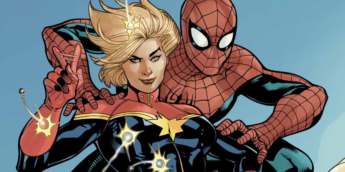 Spider-Man and Captain Marvel dodge bullets in Marvel Comics