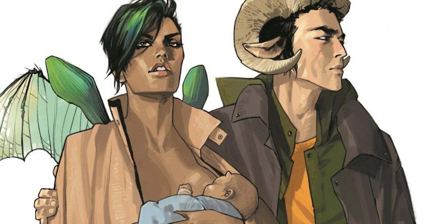 An image of Alana, Marko, and their baby Hazel from the Image Comics series, Saga