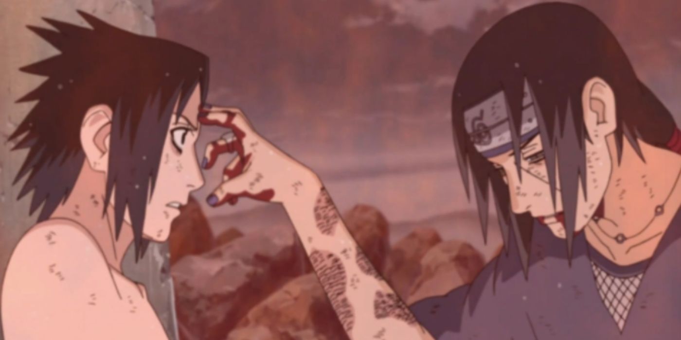Sasuke with Itachi during his death in Naruto.