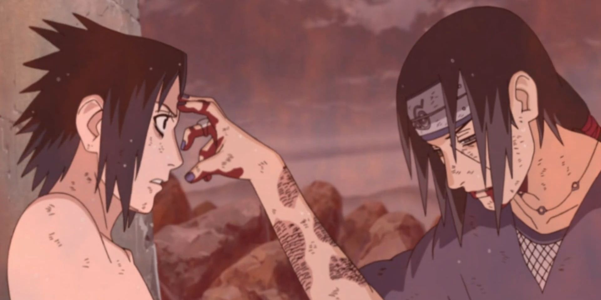 Itachi touching Sasuke's forehead with bloody fingers before his death