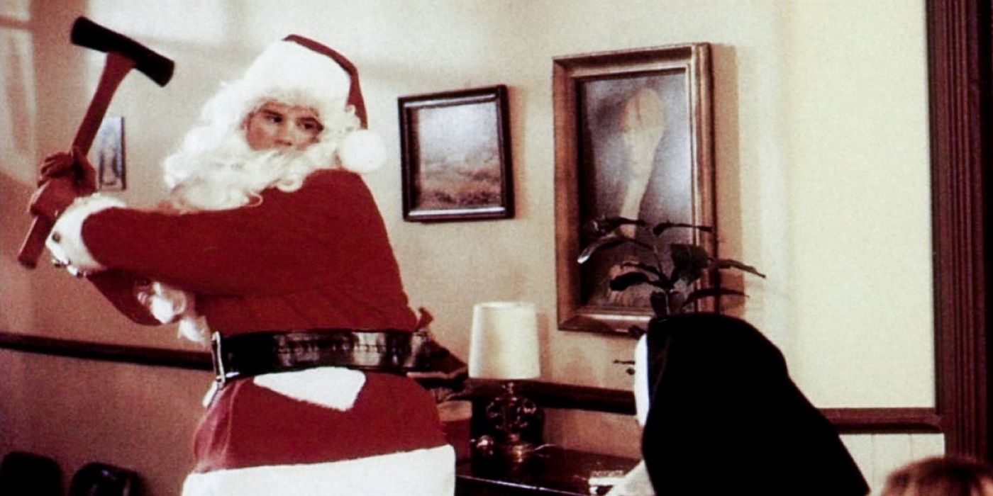 Dressed as Santa Claus, Billy swings an ax at a nun