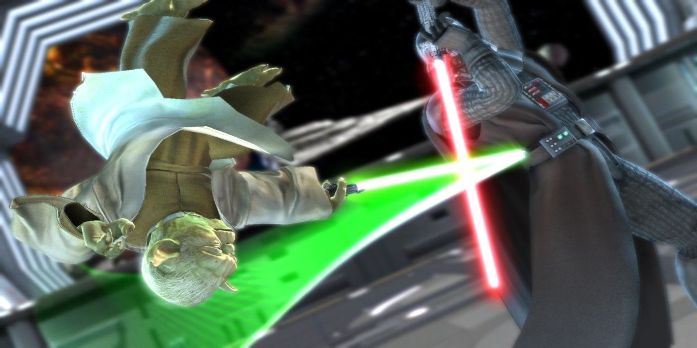 Yoda and Darth Vader fighting in Soulcalibur IV