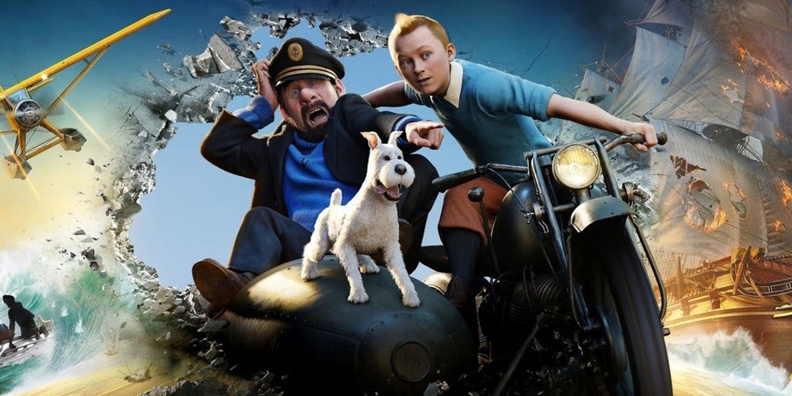 Tintin and his dog riding a motorcycle.