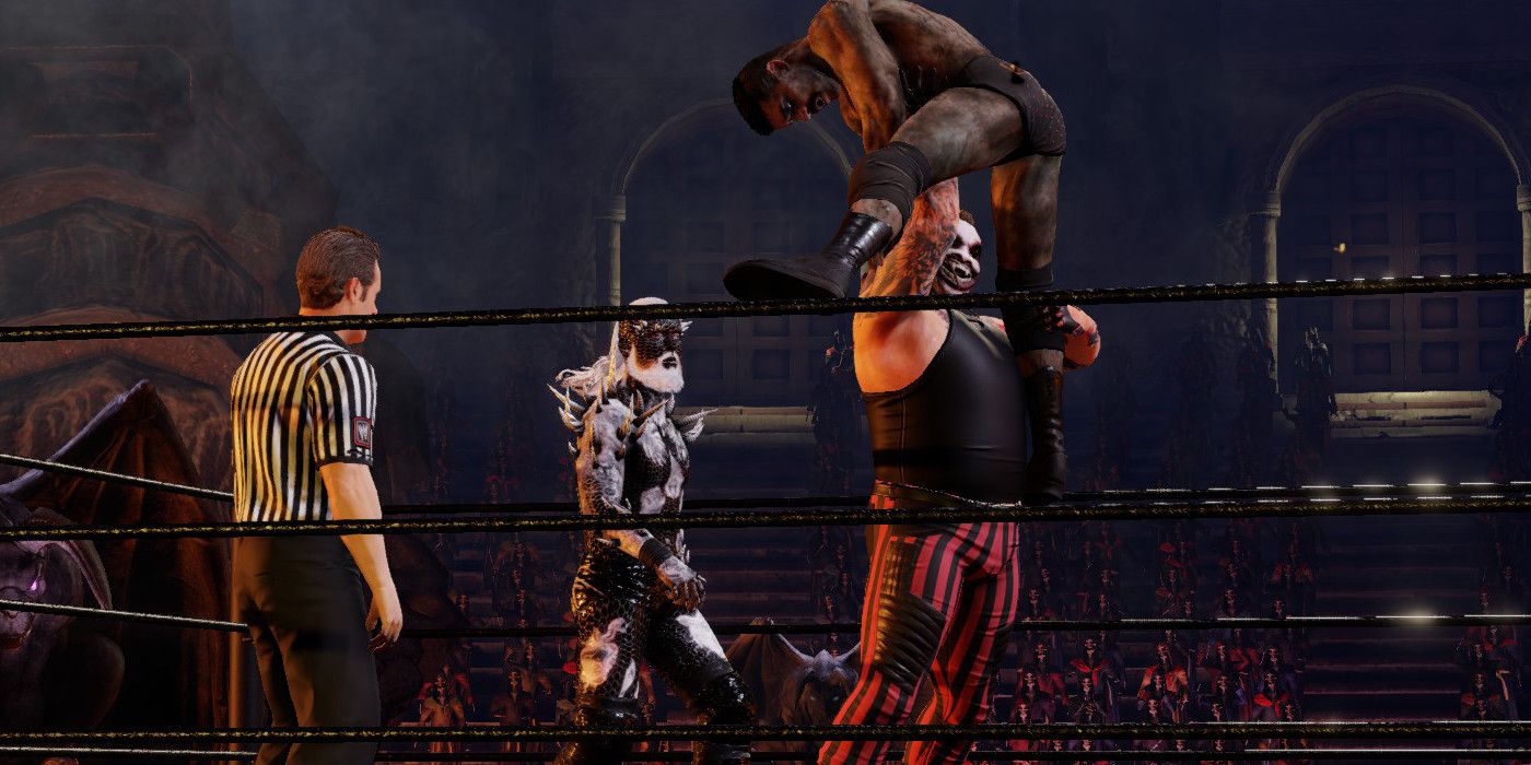 The Fiend chokeslams an opponent in WWE 2K20.